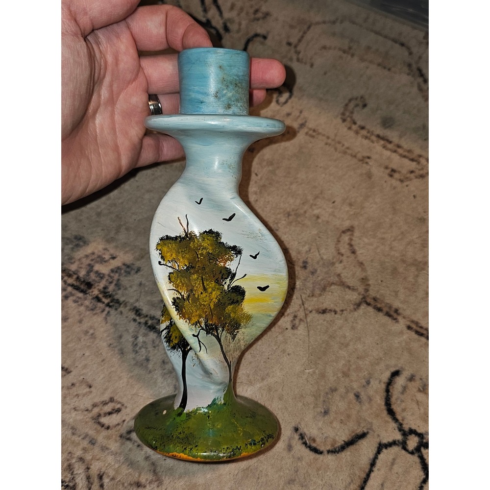 Hand Carved Kenya Soapstone Candlestick Holder Painted Tree Twisted Folk Art